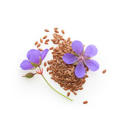 Fototapeta na wymiar Flax seeds with flowers isolated