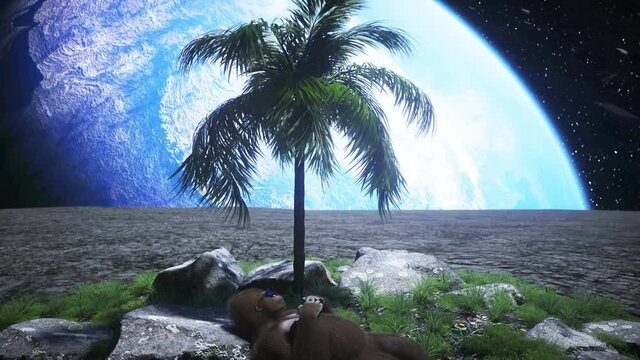 Gorilla idle on the moon oasis. 3d rendering.