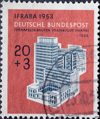 The telephone company building in Frankfurt Germany 1953 can be seen on this postage stamp printed in Germany..The postage stamp was published on the occasion of the IFRABA stamp exhibition in 1953