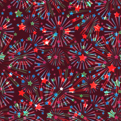 Seamless Festive colorful pattern with red, blue stars on a maroon background.