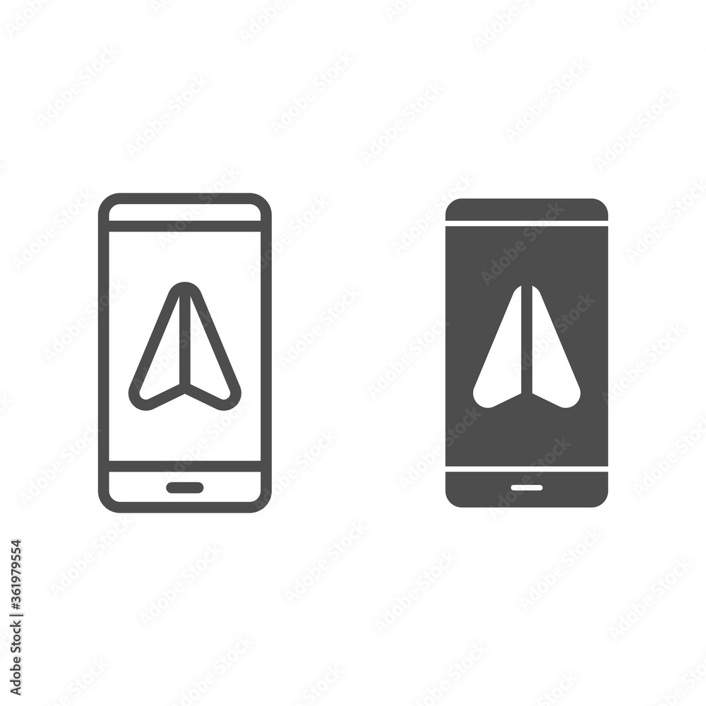 Poster smartphone with navigator line and solid icon, navigation concept, gps navigation sign on white back