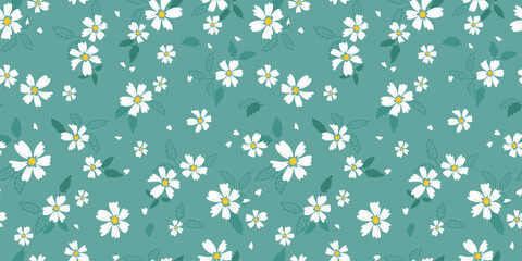 Fototapeta na wymiar Cute hand drawn floral seamless pattern, lovely daisies on colorful background, great for textiles, banners, wallpapers - vector design