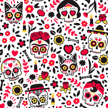 Dia de los muertos seamless vector pattern. Cute cartoon style elements on a white background. Day of the dead wallpaper.
