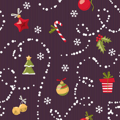 Christmas toys and other traditional decorations seamless pattern. Cartoon vector style.
