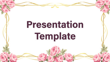Presentation template of pink rose and gold frame, white background. Vector illuatration. 