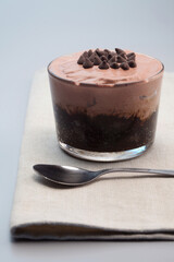 Chocolate mud pie with ice cream and chocolate chip toppings