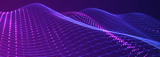 Futuristic purple waves background. Sound wave element. Equalizer for music. Big data visualization. 3d. Widescreen