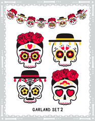 Cute classic sugar skulls set for Day of the Dead party garland. Vector cartoon design of male and female skulls in traditional mexican style.
