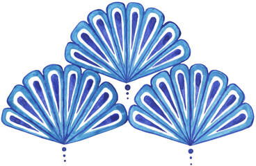 Blue fan-shaped oriental pattern. Japanese motifs.Shell pattern, lines, drops, dots on a transparent background
