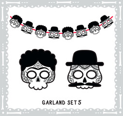 Black and white sugar skulls set for Dia de los Muertos party garland. Hand drawn ornaments. Vector collection for print and cut.
