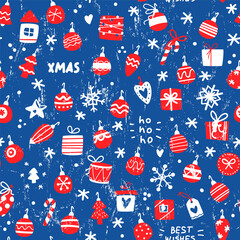 Vector Christmas background in vintage cartoon style. Seamless pattern with Christmas toys and gifts.
