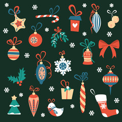 Set of christmas toys and other traditional decorations. Cartoon flat vector style.
