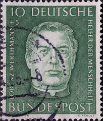 GERMANY - CIRCA 1954: a postage stamp printed in Germany showing an image of Lorenz Werthmann, circa 1954.