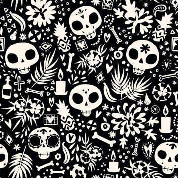 Dia de los Muertos seamless vector pattern. The main symbols of the holiday in black and white. Day of the dead in a minimalistic design.