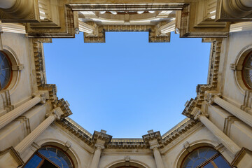Heraklion. Crete Island. Venetian Loggia, looking up to the atrium from the building's courtyard....