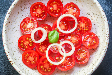 tomato salad snack vegetables Menu concept serving size. food background top view copy space for text organic healthy eating raw