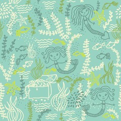 Fototapeta na wymiar seamless doodle pattern with mermaid 