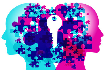 A male and female side silhouette positioned back to back, overlaid with various semi-transparent Jigsaw puzzle piece shapes. Overlaid across the centre is a white key symbol.