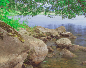 Fototapeta na wymiar The shore of the city river with stones and vegetation, bent by a tree