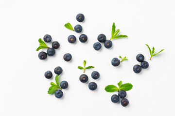 Top view of fresh blueberries on white background