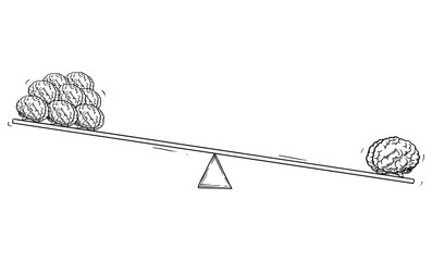 Vector cartoon drawing conceptual illustration of big individual human brain on balance scales outweigh or overbalance pile of small or average brains.