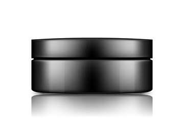 Black cosmetic jar with cap mockup isolated from background: lotion, cream, mousse, powder. Plastic package design. Blank hygiene, medical, body or face care template. 3d vector illustration