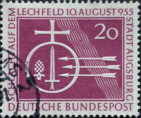 battle on the Lechfeld on August 10, 955 in Augsbur Germany. 1000 year anniversary. Symbols are...