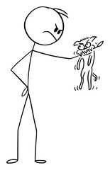 Vector cartoon stick figure drawing conceptual illustration of angry man with small aggressive dog or chihuahua bite to his arm.