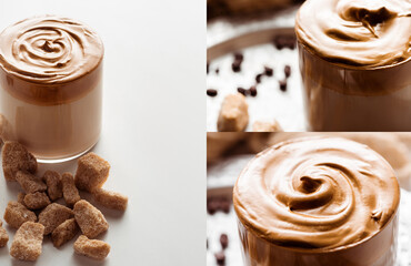 collage of delicious Dalgona coffee in glass near brown granulated sugar on white background