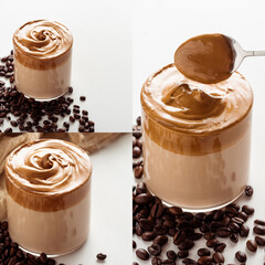 collage of delicious Dalgona coffee in glass near coffee beans on white background