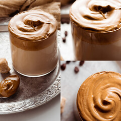 collage of delicious Dalgona coffee in glass near coffee beans and brown granulated sugar on white background