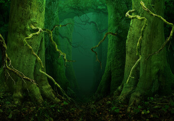 Mysterious trees Crooked branches Enchanted fairytale forest / Dark scary fantasy woodland Massive trunks  