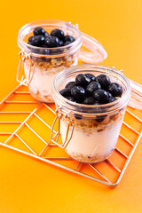 Blueberry with yogurt in a glass jar