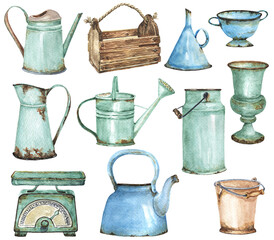 Watercolor Farmhouse Decor Clipart. Vintage Rusty Iron Elements. French Style Decor. Rustic Kitchen. Perfect for greeting cards, scrapbooking, bridal rustic invitation and more. © Екатерина Сумченко