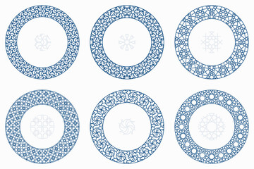 Arabic geometric round patterns set. Borders, frames. Vector illustration of round Islamic ornament elements with seamless pattern brushes
