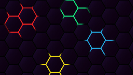 Background of polyhedra with a dark purple gradient with red, yellow, green and blue highlights. Suitable for both desktop and other purposes