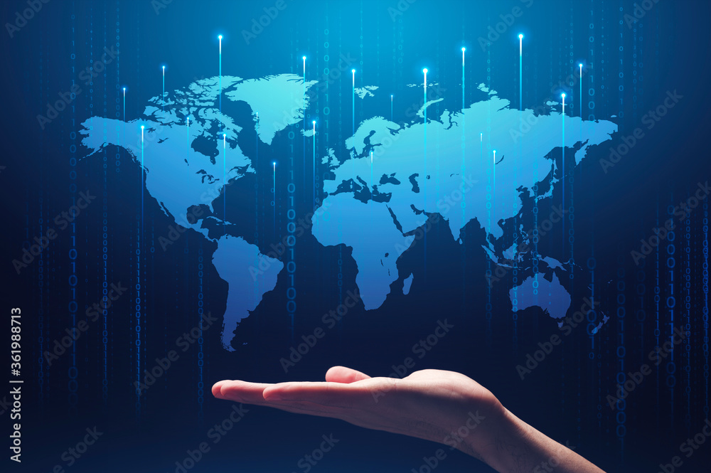 Fototapete Global technologies. Collage with male hand, world map and computer binary code on blue background