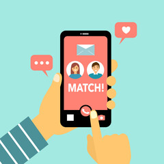 Online dating couple in love in the app on the phone concept vector illustration. They are match. Hand holding smartphone and enjoy new friend in dating app.