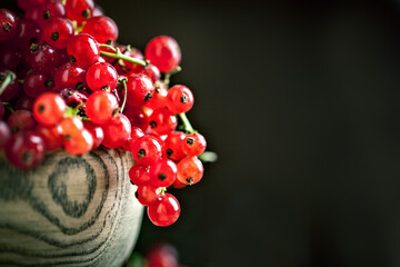 Fresh red currants in plate on dark rustic wooden table. Background with copy space. Selective focus.