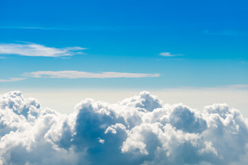 White clouds on blue sky with above aerial view from a plane, nature blue sky background