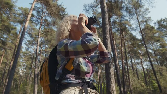 Senior woman traveler outdoors in forest taking photos with camera.