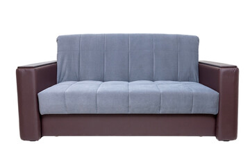 Modern brown and blue fabric and leather sofa isolated on white background. soft couch, front view. strict style of furniture, interior, home design