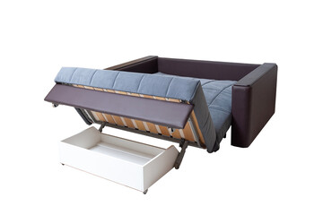 Modern brown and blue, fabric and leather sofa isolated on white background. unfolded soft couch with wooden box, side view. strict style of furniture, interior, home design