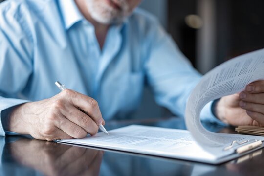 Businessman is signing a contract in office.