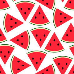 Seamless Watermelon slice pattern. Flat Sweet fresh fruit Isolated on white background. Colorful bright summer food. Red cut triangular melon with seeds. Vector stock illustration for print, wallpaper