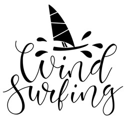 Windsurfing lettering in modern style - vector stock illustration. Calligraphy for water sports club, t-shirt, banner, label, clothes, competition or social media.