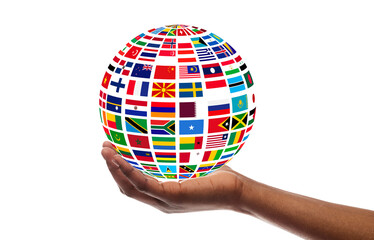 Young guy holding globe made of international flags, isolated on white, collage