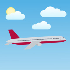 Illustration of an airplane in the blue sky with clouds