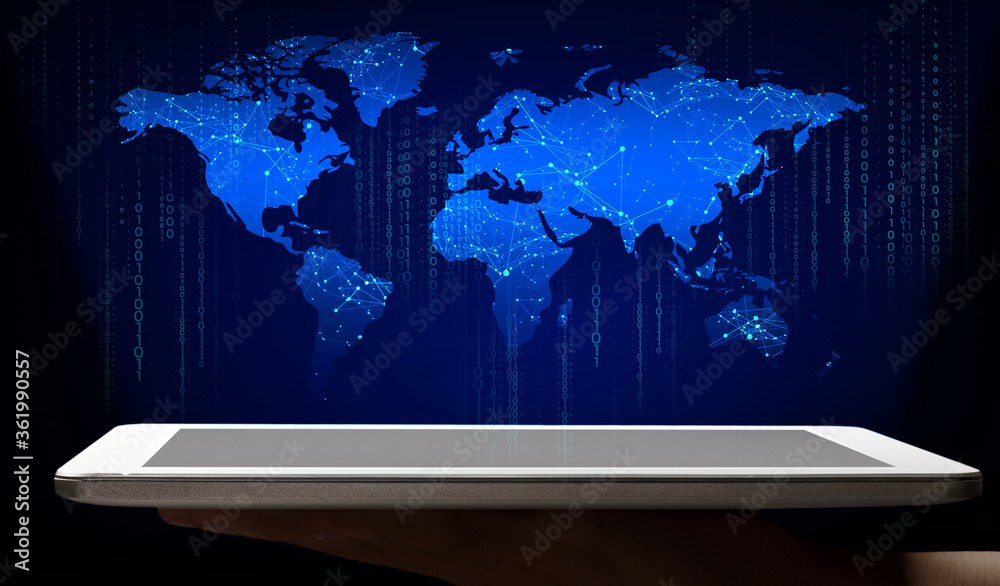 Fototapete Man holding tablet with world map, computer code and web connection mesh appearing from screen, collage