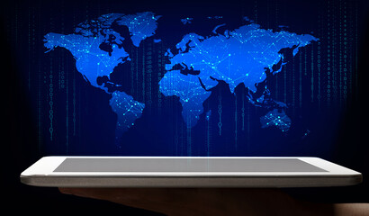 Man holding tablet with world map, computer code and web connection mesh appearing from screen,...